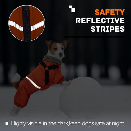 Image of BRKURLEG Small Dog Winter Coat with Harness Built in, Orange Winter Dogs Jackets, Fullbody Dog Coat, Dogs Snowsuits Reflective Windproof Cold Weather Coats, Pet Warm Fleece Coats, XL