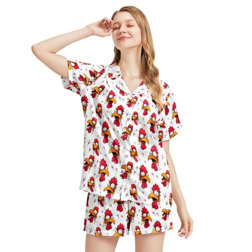 Image of Funny Satin Pajamas Set for Women Button Down Sleepwear Print Pjs Set 2 Piece Short Sleeve Loungewear Gift for Women