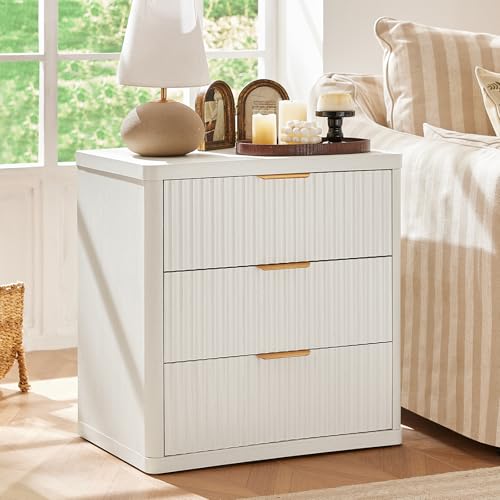 Image of LEYAOYAO 23 inch Wide Fluted Night Stand with Charging Station,3 Drawers Large End Table with Storage,White Nightstand Wood Bedside Tables, Farmhouse Cabinet Dresser for Bedroom,Closet