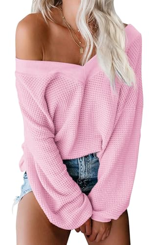 Image of ReachMe Womens Oversized Off The Shoulder Tops Long Sleeve Waffle Knit Shirt Drop Shoulder Sweater Top