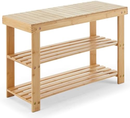 Sweetcrispy Shoe Rack Bench, 3-Tier Bamboo Entryway Storage Organ...