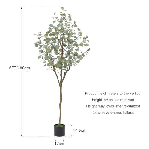 Eucalyptus Tree Artificial 6FT, Faux Eucalyptus Tree Artificial Trees with Lifelike Trunk and Realistic Silk Leaves for Home Decor Indoor, 1 Pack