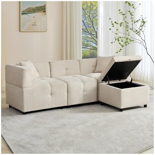 Wyibwy Sofá de 3 plazas, sofá esquinero con espacio de almacenamiento, sofá seccional en forma de L, con reposapiés extraíble y 2 cojines, sofás modernos con chaise longue, color beige