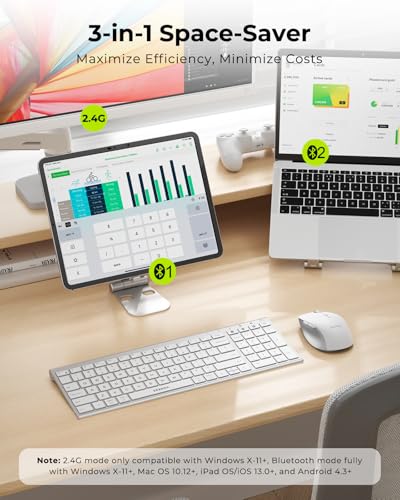 Image of seenda COE401 Bluetooth Keyboard Mouse Combo, Rechargeable, White Silver | Silent rechargeable keyboard and mouse with 3-device connection for Windows, Mac, iPad, and laptops.