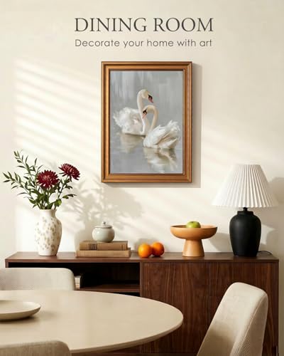 Image of HUARCEY Gold Framed Vintage Wall Art for Living Room, Animals Painting Prints Shelf Decor for Kitchen, Aesthetic Bedroom Wall Art, Best Gifts for Friends or Family - Two Swans 16L x 12W