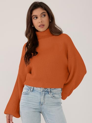 ZAFUL Women's Crew Neck Long Sleeve Pullover Crop Sweater Mock Neck Lantern Sleeve Ribbed Knit Cropped Sweater3