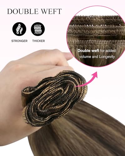 Image of YoungSee Human Hair Weft Extensions 24 Inch Sew in Hair Extensions Real Human Hair, Highlight Dark Brown Mix Caramel Blonde, Remy Hair Extensions Sew in for Low Daily Maintenance 100g