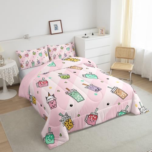 Image of Feelyou Kids Milk Tea Comforter Set Full Size, Cute Bubble Bedding Set Bubble Tea Comforter for Boys Girls Kawaii Duvet Insert Bed Set 3Pcs
