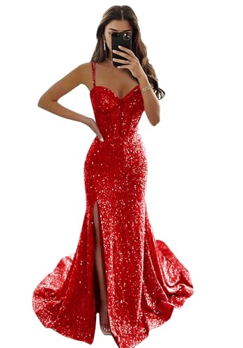 BOLENSYE Sparkly Sequin Mermaid Prom Dresses Long with Slit Spaghetti Strap Evening Corset Gown for Women