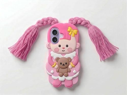 Image of amazon basics Cute 3D Pink Doll Silicone Mobile Case for iPhone 17 - Aesthetic Cartoon Girl with Braided Tassels & Teddy Bear, Soft Shockproof Protective Back Cover for Girls & Kids