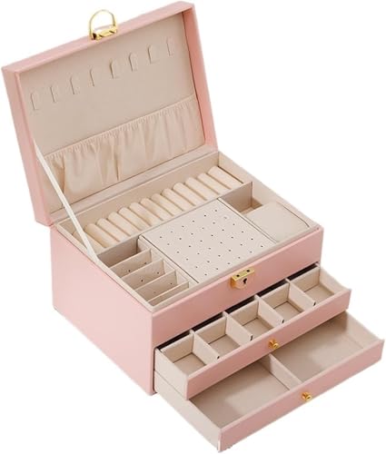 Image of Vlando 3 Layer Jewellery Organiser Box, Large PU Leather Jewelry Storage Case With Drawers, Earrings, Rings, Necklaces Holder | Luxury Jewellery Box For Women & Girls Gift (Pink)