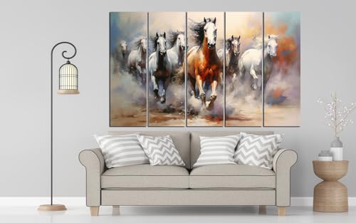 Image of KYARA ARTS seven vastu running horse wall painting (30inch x 48inch wooden multiple framed)