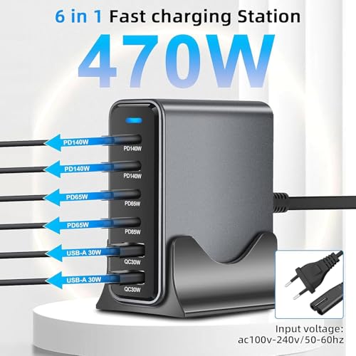Image of MX 470W USB C Charger Block GaN III USB Desktop Charging Station 6 Port GaN Desktop Charger, USB C Charging Station 140W Type C Laptop Charger Adapter Compatible with MacBook, Tablet & Mobile Phones