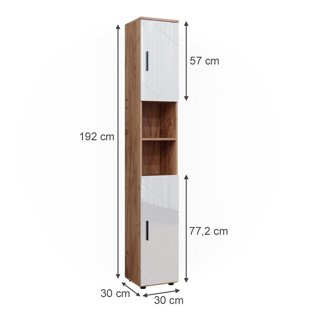 Vicco Badschrank Irma, Weiß Hochglanz/Goldkraft Eiche, 30 x 192 cm mit Türen, und offenen Fächern, zur Aufbewahrung von Badutensilien und kompatibel mit Irma-Serie