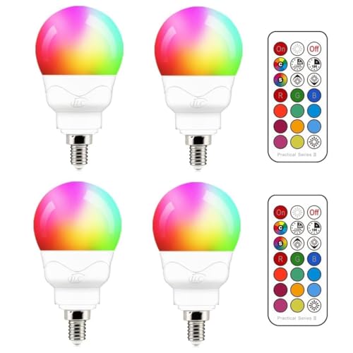 ILC E12 LED Light Bulbs (40w Equivalent) 5W, Color Changing RGB, 5700K Daylight White, Small Base Candelabra Round Light Bulb, A15 Candle Base, 12 Colors 2 Modes Timing with Remote Control (4 Pack)