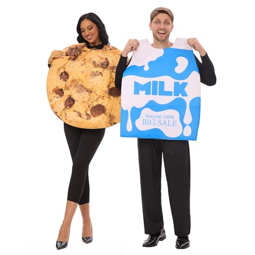 2Pcs Milk and Cookie Costume Adult Couples Halloween Costumes Food Theme Funny Costumes for Adult Women Men Dress Up Cosplay Parties-Adult One Size
