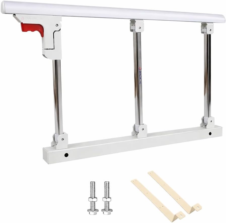 DIALDRCARE Foldable Stainless Steel Bed Rail Guard for Elderly, Adults Assist Handle, Bed Guardrails Grab Railway for Disabled Patient Pregnant Women Handicap (Size: 70 x 40 cm, Colour: White, Silver)
