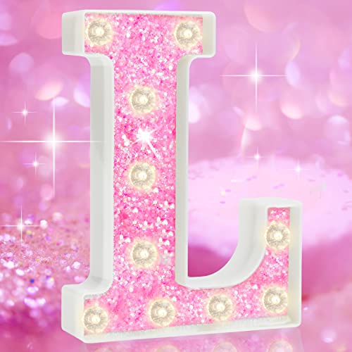 LED Marquee Letter Lights, Light Up Pink Diamond Alphabet Marquee Letters Sign Glitter Baby Shower Decorations for Girls Bedroom Night Light Birthday Gifts Wedding Christmas Party, Pink letter L