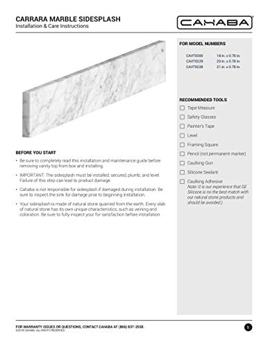 CAHABA CAVT0228 21 in Carrara Marble Sidesplash, 21 inch