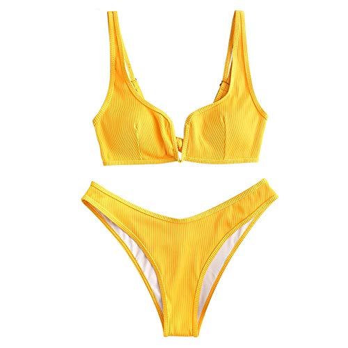 ZAFUL Bikini Ribbed V Wired Cami Swimwear Solid Color Adjustable Straps Bathing Suits for Women (S, Bright Yellow-Wide Shoulder Strap)
