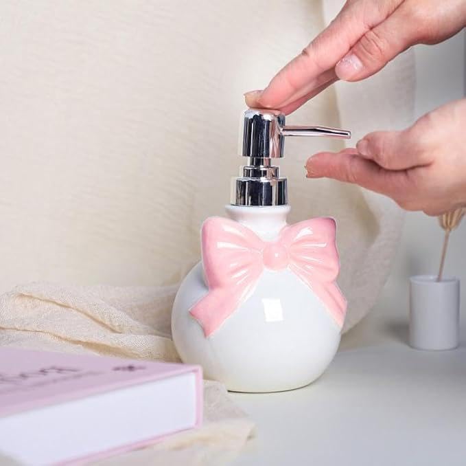 123Arts Ceramic Soap Bottle, Bow Tie Relief Lotion Dispenser with Pump,350ML - Image 3