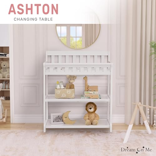 Image of Dream On Me Ashton 2-in-1 Changing Table & Nightstand in White - Solid New Zealand Pinewood, Safety Rails, Spacious Storage Shelves & Water-Resistant Changing Pad, Converts to Nightstand