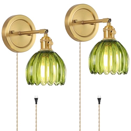 Image of Plug in Vintage Wall Sconces Set of 2 Green Living Room Wall Lights with Tulip Glass Shade 180 Adjustable with Switch and 4.9FT Plug in Cord Art Fixtures Decor for Bathroom Hallway