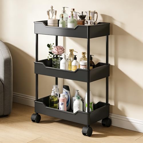 NCONCO storage trolley, 3 Tier Slim Rolling Utility Cart Rolling Storage Cart Mobile Slide-Out Shelving Organizer with Wheels for Kitchen Bathroom Laundry Room Office