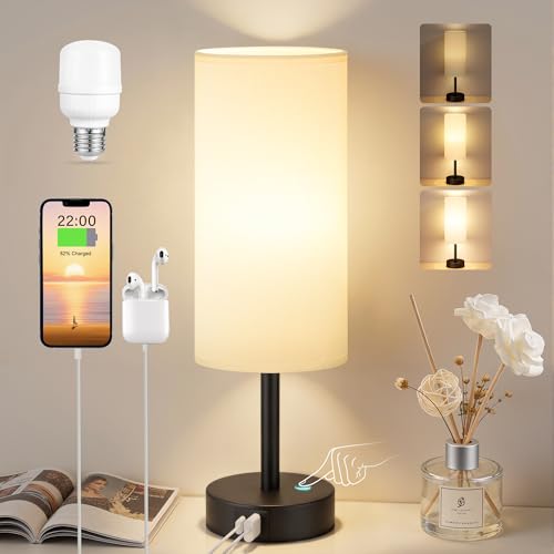 PreeOtti Nachttischlampe Touch Dimmbar Tischlampe mit USB A+C Ladefunktion Lampenschirm aus Leinenstoff Touch Lampe für Nachttisch Wohnzimmer Schlafzimmer Kinderzimmer Büro(Inklusive Birne)