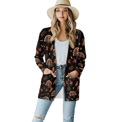 Fall Maple Leaf Cardigan Sweaters for Women Long Sleeve Cardigan Soft Drape Open Front Dusters V-Neck Jackets Dressy