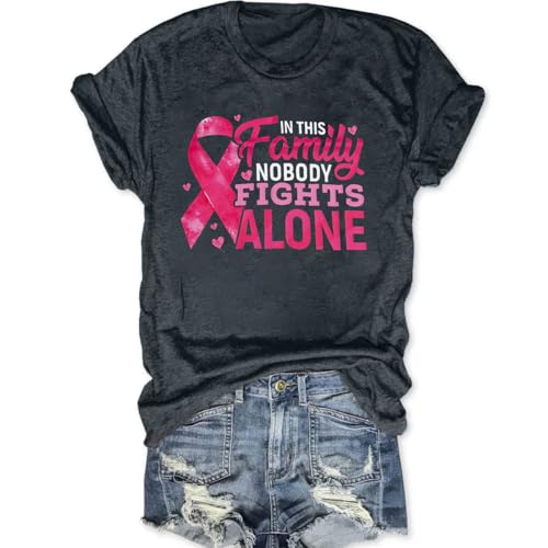 Breast Cancer Awareness Shirt Women: in This Family No One Fights Alone Shirt Breast Cancer Gifts Pink Short Sleeve Tops