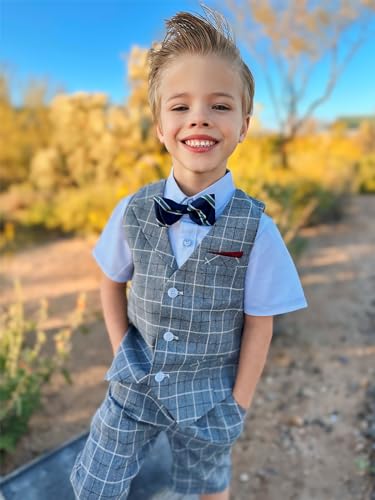 Image of LOLANTA Boys 4PCs Summer Suits, Short Suit Set for Wedding Ring Bearer Outfits Dress Clothes Vest Shirt Shorts Bow Tie