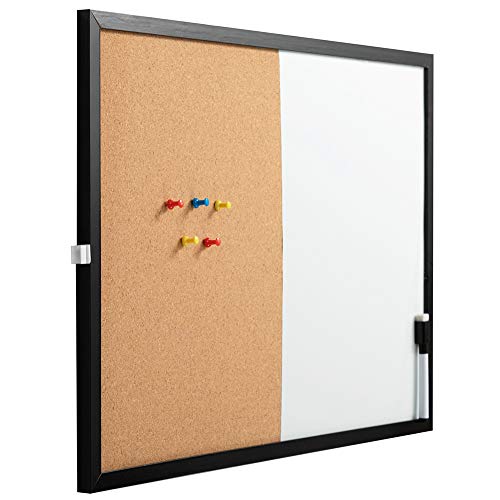 DOEWORKS 60 x 40cm Kombitafel Magnetisches Whiteboard & Kork Pinnwand, Hängendes Magnettafel und Korktafel mit Schwarzem Holzrahmen