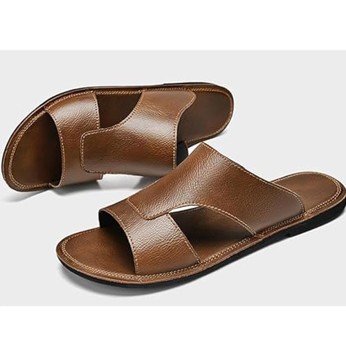 Men's Leather Perforated Sandals - Comfortable Lightweight Open-Toe Anti-Slip Slides Summer Outdoor Beach Shoes (10,Brown)2