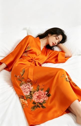 Image of Women's Classic 100% Silk Kimono Robe, Bathrobe-Printed Pattern