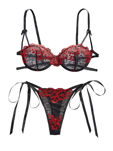 Image of Lilosy Sexy Tie Side Cute Underwire Push Up Strappy Embroidered Mesh Sheer Lingerie Set Women See Through Bra and Panty 2 Piece Bow Red Black Small