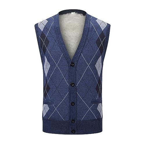 Men's Argyle Vest Sweater Sherpa Fleece Lined Sweater Sleeveless V Neck Knitted Button Down Sweater Casual Tops