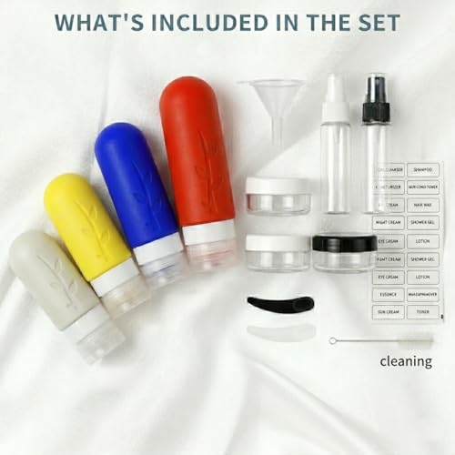Image of DEPOZA Travel Bottles Kit (16 Pack) - TSA Approved, Leak Proof Silicone Squeezable Containers for Toiletries. Complete Set with Jars, Sprayers & Bag (Fluorescent)