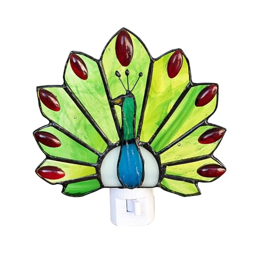 Image of Tiffany Stained Glass Peacock Night Light WKD1003 (Green、Red) Peacock Night Light, Stained Glass,