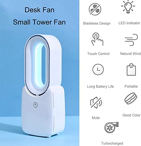 Elyss Desk Fan Tower Small Bladeless Fan,Air Circulator 4 Winds 5 Lights,11.8 Inch Portable With Battery Rechargeable Quiet Table Air Cooler,Desk Cooler Personal Nightstand White Aaafan #TOP7