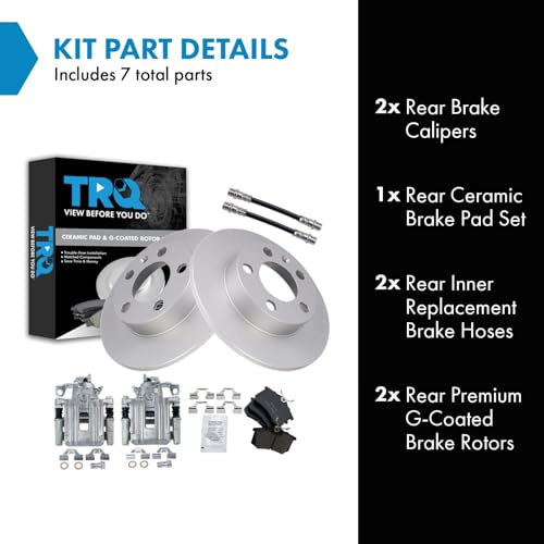 Image of TRQ Rear Brake Pad and Rotor Set Ceramic G Coated Rotors Calipers Hoses Compatible with 1999 Volkswagen Jetta