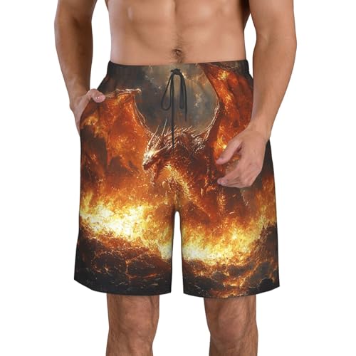 Men's Swim Trunks Bathing Suit Quick Dry Beach Board Shorts - Dragon Fire Retro Art