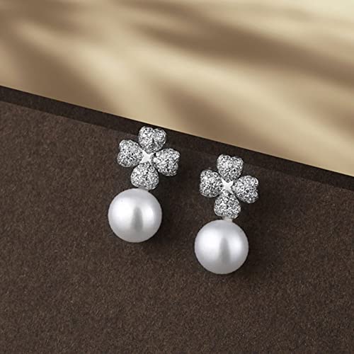 WXKAGF Gioielli di Moda Donna Orecchini Eleganti di Lusso Intarsiati Zirconi Fortunati Quadrifoglio Orecchini con Perle d'Acqua Dolce Orecchini Pendenti Gioielli Orecchini di Fascia Alta