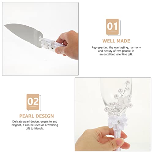 Dechous 1 Set Wedding Champagne Glasses Wedding Cake Knife Server Flower Pearl Champagne Flutes Bride Groom Toasting Cups For Wedding Party Bridal Shower Gifts #TOP6
