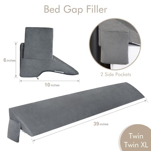 Image of Vekkia Twin Bed Wedge Pillow for Headboard Gap Filler(0-5 inch),High-Density Foam,Prevents Pillows & Items from Falling,Ergonomic Design,Large Storage Pockets, Removable&Washable Cover,Gray,39''x10''x6''