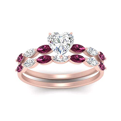 Image of 55Carat Choose Your Gemstone Single Prong Marquise Diamond CZ Ring and Band Rose Gold Plated Heart Shape Wedding Ring Sets Matching Jewelry Wedding Jewelry Easy to Wear Gifts US Size 4 to 12