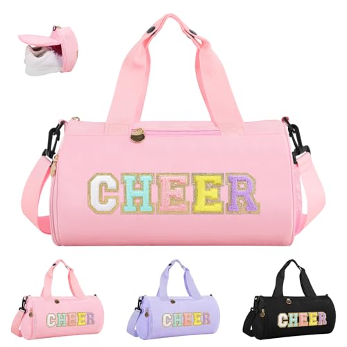 Cheer Bag with Shoes Compartment for Girls Cheerleader Gifts Personalized Cheerleading Sport Gym Duffel Bags Cute Chenille Letter Gymnastics Duffle Bag Cheer Gift for Teen Girl Athletes(Pink)