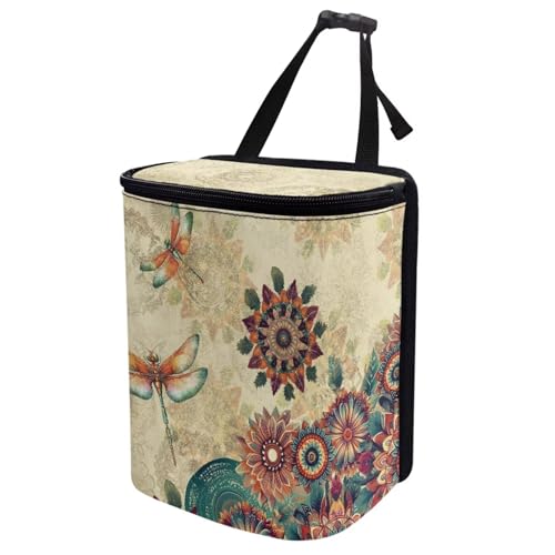 Image of Talayituse Vintage Boho Mandala Dragonfly Print Car Trash Bin, Large Size Auto Trash Can Adjustable Portable Garbage Can with Lid, Vehicle Hanging Bag for Headrest Front Back Seat