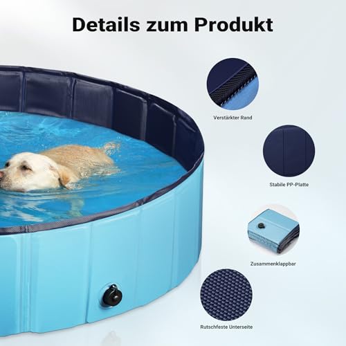 Fudajo Hundepool 120 x 30 cm rutschfestes Hundeplanschbecken, Hundeschwimmbad faltbar aus PVC, Hundebadewanne mit verstärkten Kanten, tragbarer Pool für Hunde