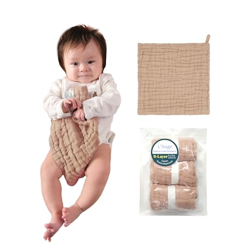 L'Ange Baby Washcloths and Burp Cloths Set - 3 Pack of 9 Layer 100% Cotton Muslin for Sensitive Skin - Super Absorbent - Medical Grade Packaging for Infants Newborns and Toddlers- 9x9 - Khaki